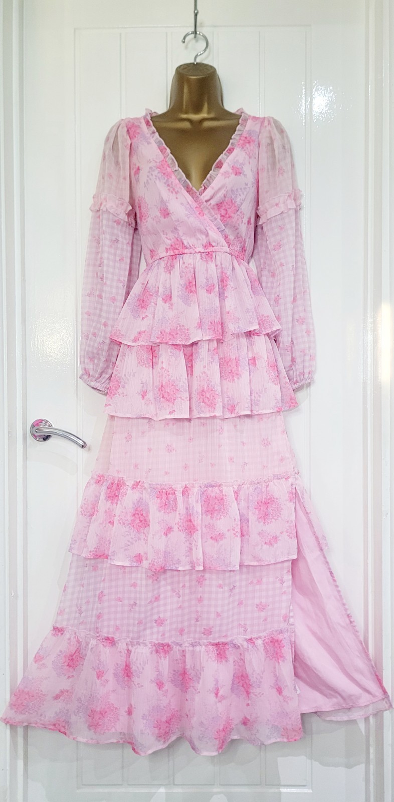 Miss Selfridge Size UK 8 pink long tiered checked floral chiffon floaty dress VG