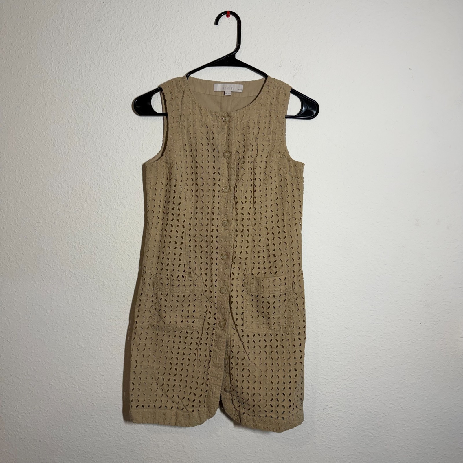 Loft Mini Dress Womens 00P Brown Embroidered Eyelet Button Front Sleeveless