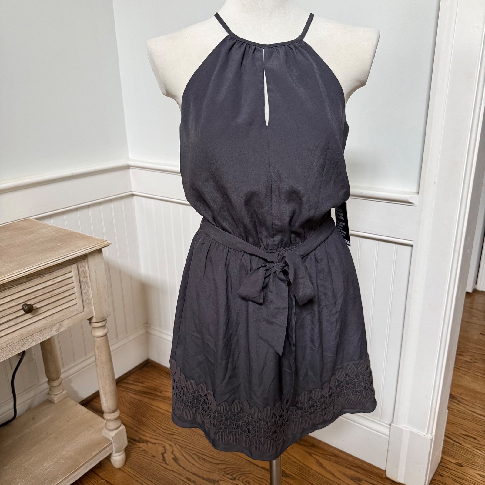 NEW Express Women Charcoal Gray Halter Neck Tie Waist Lace Hem Mini Dress Size S