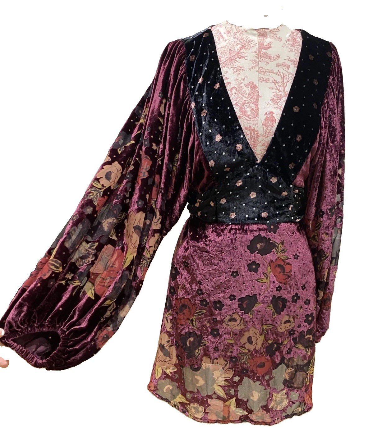 Free People Last Letter Velvet Burnout Mini Dress Sz L Floral Boho Burgundy Mesh