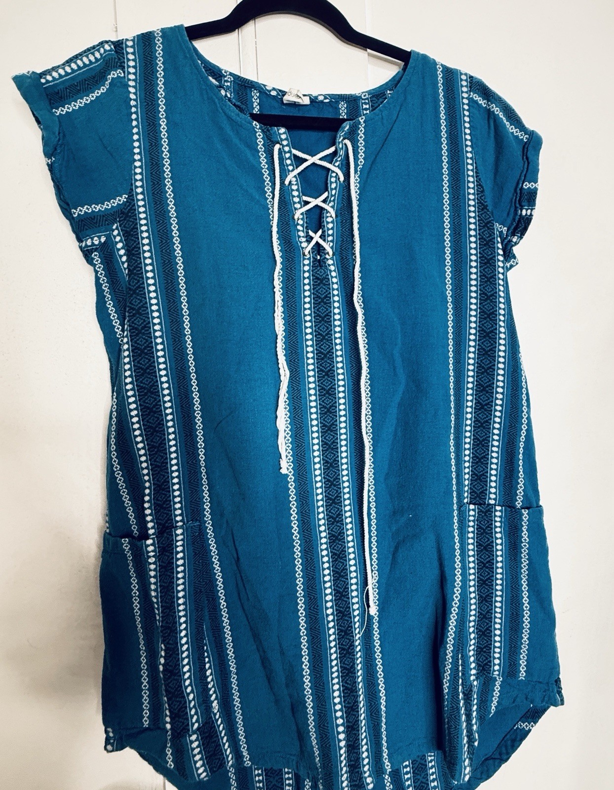 Rip Curl Small Blue Stripe Lace Up Tunic Dress Cover Up Pockets Boho Beach