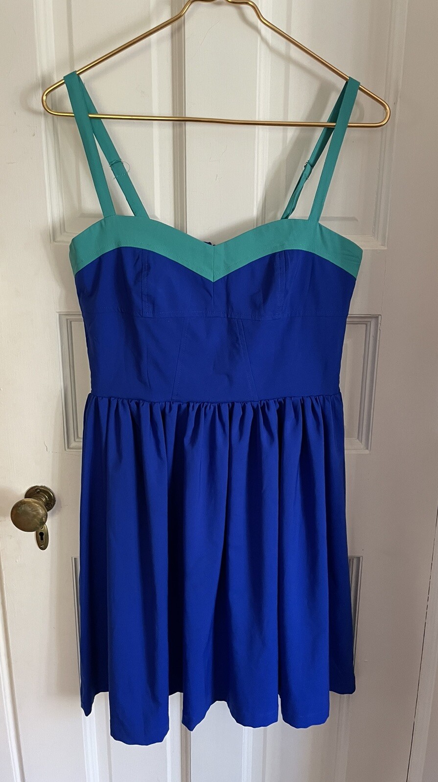 Vintage Havana Blue Sleeveless Dress. Sweetheart Neckline. Smocked Sides. Size L
