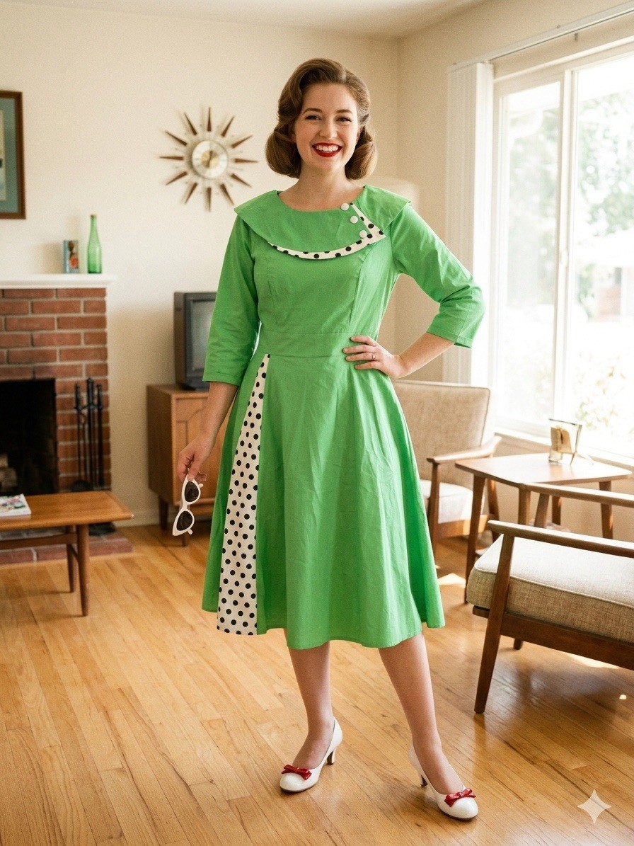 Vintage Americana Style 50s – 60’s Emerald Green Polka Dot Dress – Medium