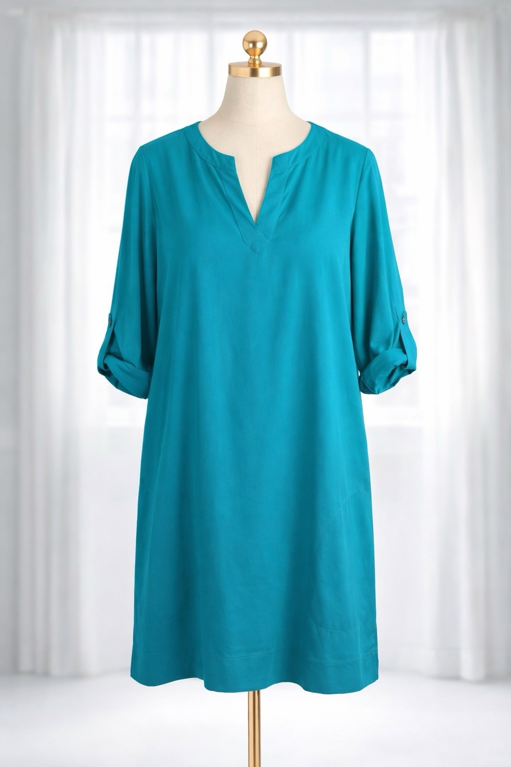 L.L.Bean Popover Dress Lightweight Casual Teal V-Neck Roll Tab Sleeve Size L