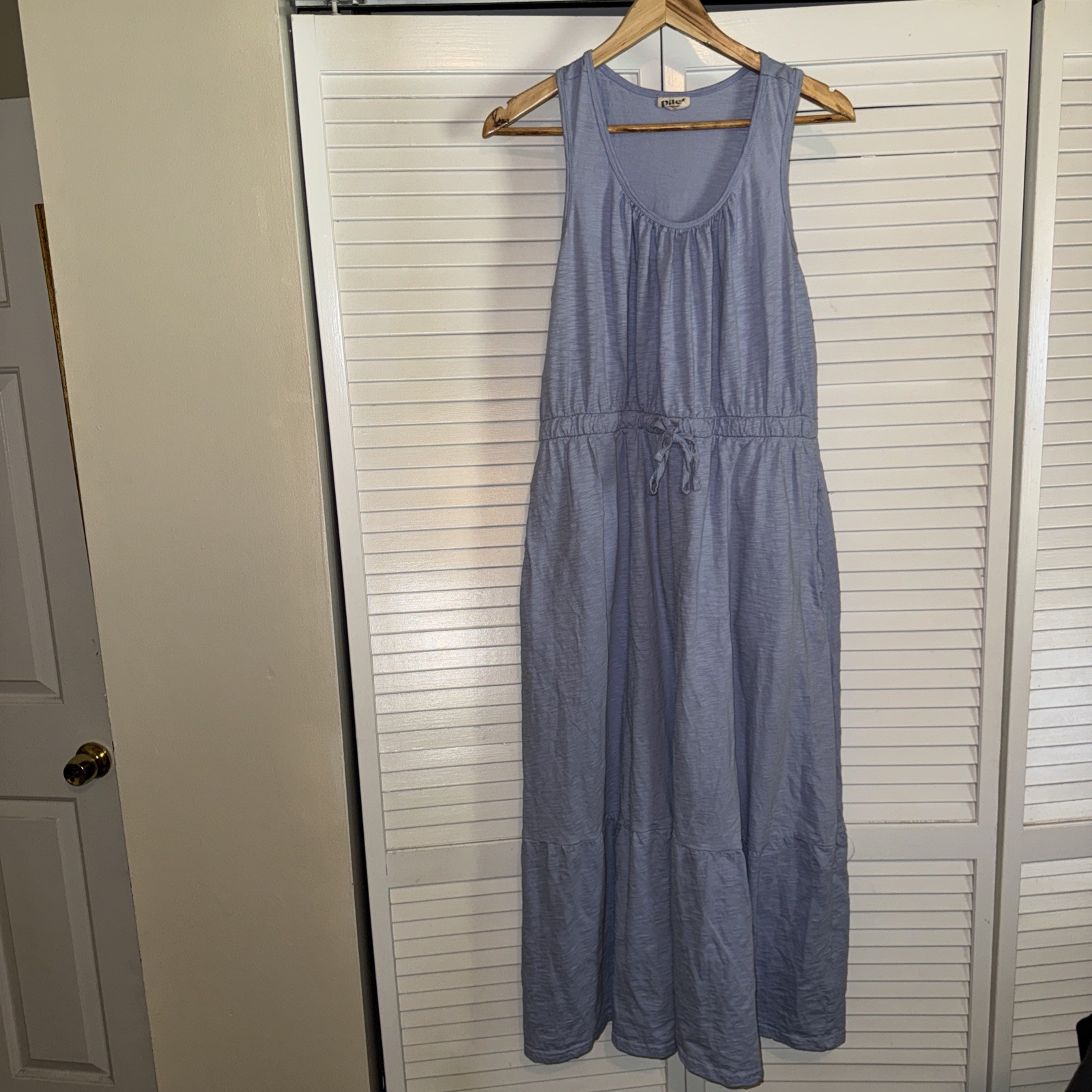Pact Womens Dress L Organic Cotton Slub Coastal Tiered Midi Sleeveless Blue