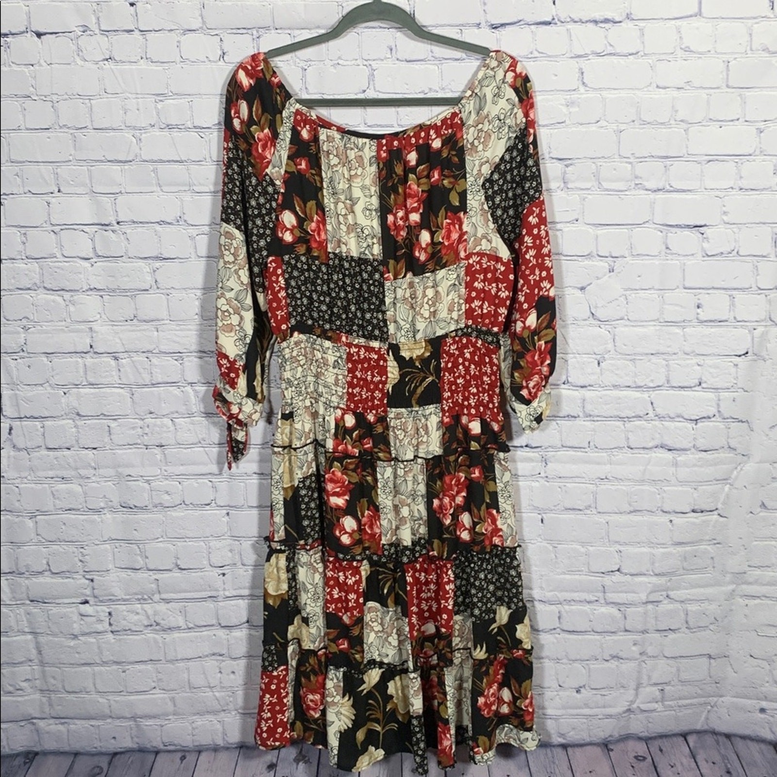 Hope Springs Womens Patchwork Midi Dress Off the Shoulder Red Black Size XL