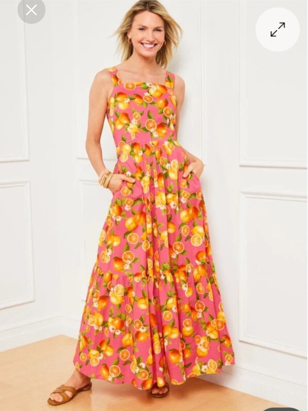 Talbots Pink Lemons Oranges Tiered Sleeveless Cotton Maxi Dress Sz 14w Vacation