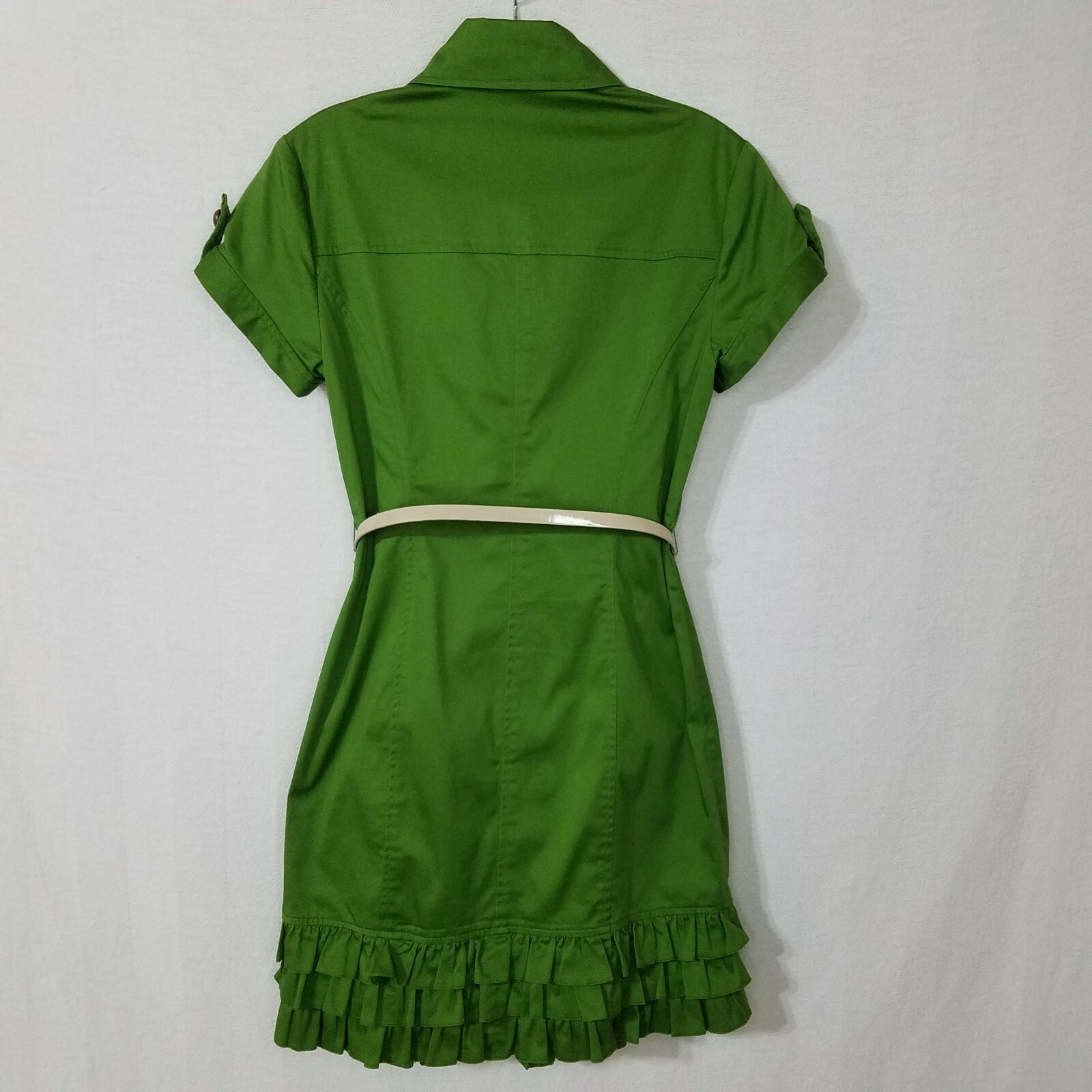 Kensie Pretty Dress Ruffle Button Down S/S Belted Pockets Green Size S K214P