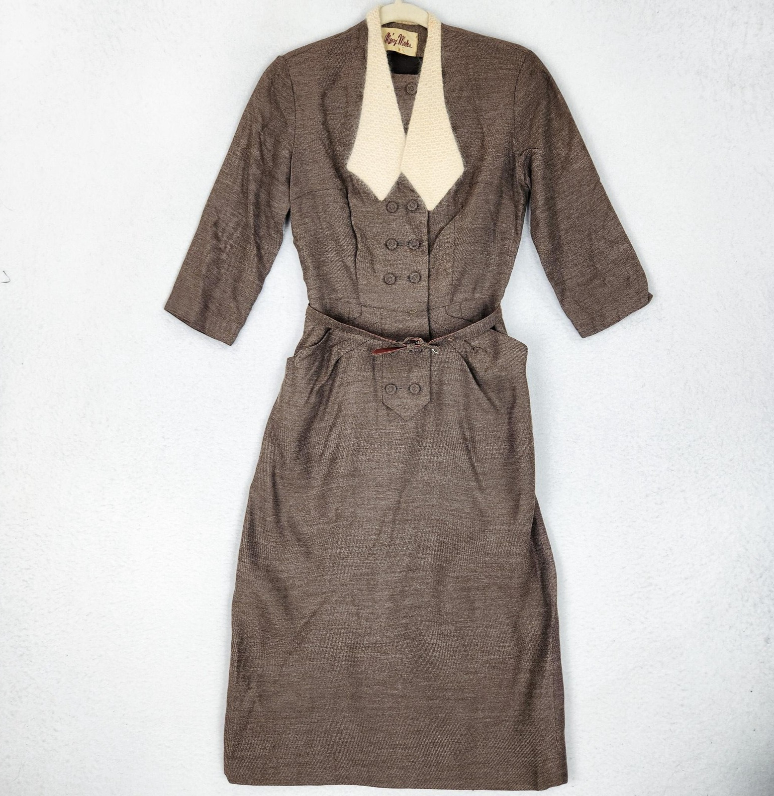 Vintage Minx Modes Dress Womens XS 1940s Tailored Belted Midi Sheath War Era