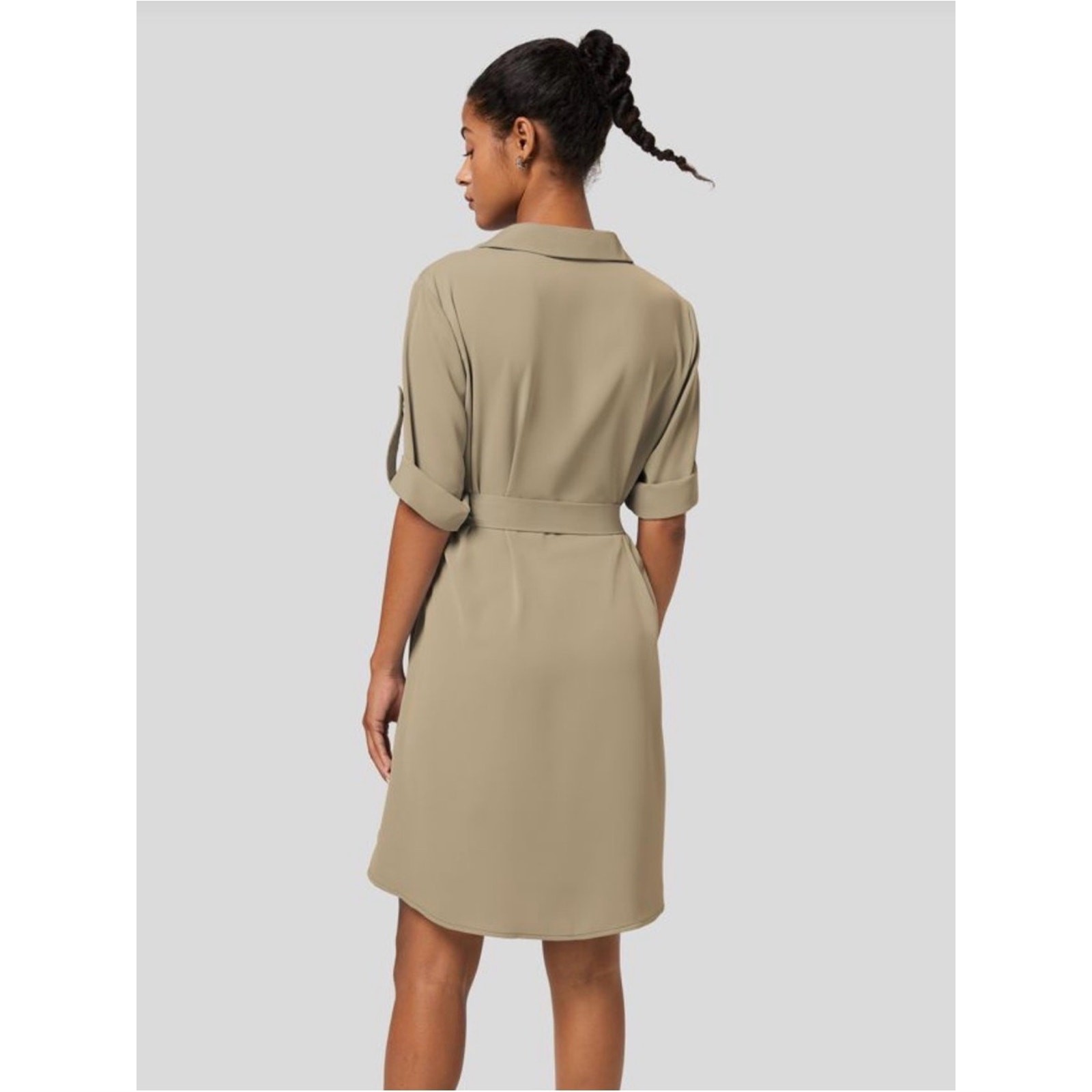 Halara Roll Up Sleeve MISSING BELT Relaxed Work Shirt Dress Pale Khaki size Med