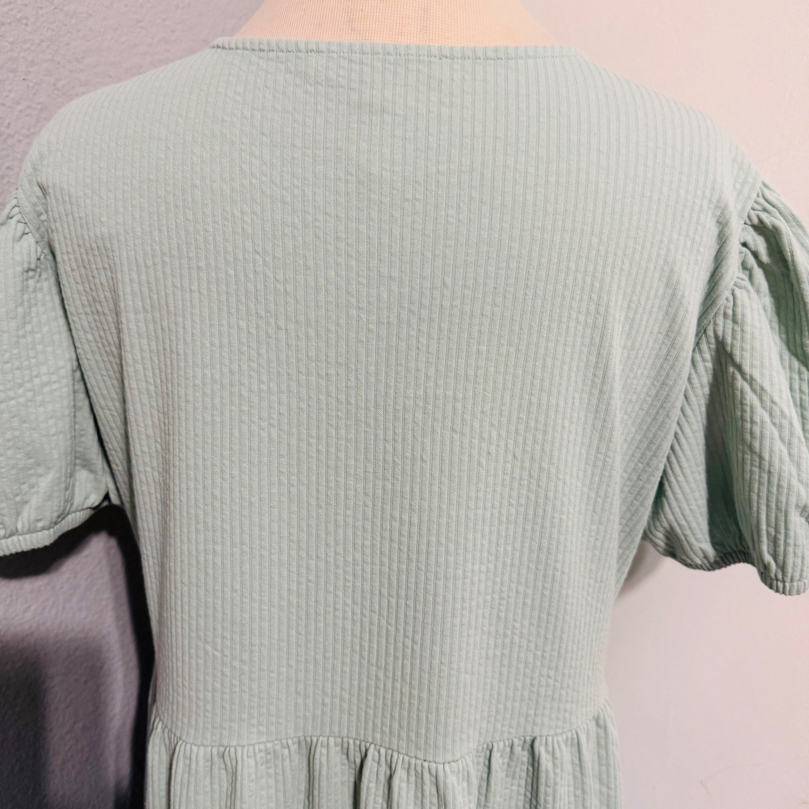 Downeast Cotton Blend Dress Size L Sage Green Ribbed Tiered Babydoll Mini Dress