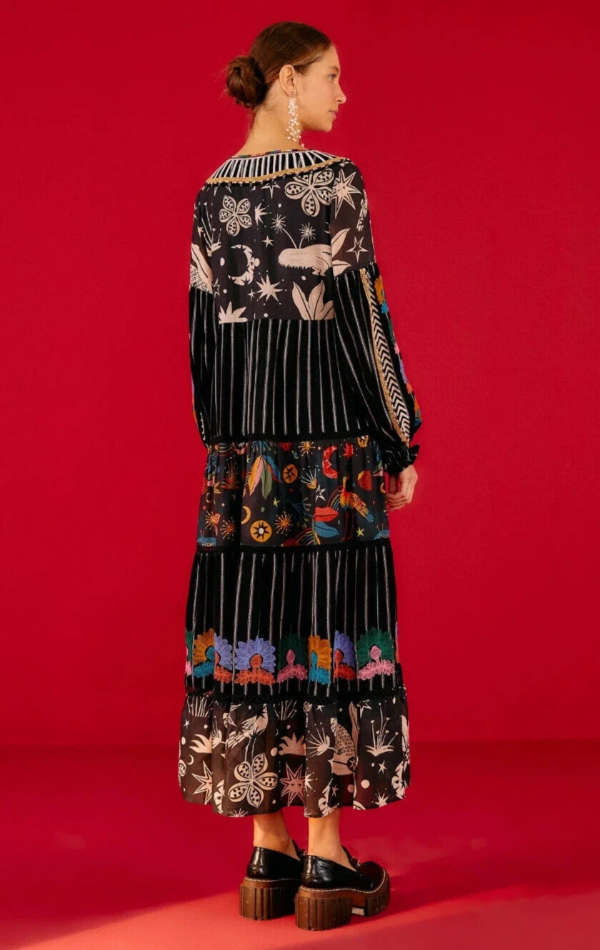FARM RIOBlack Mixed Prints Embroidered Midi Dress Regular price $395 Small