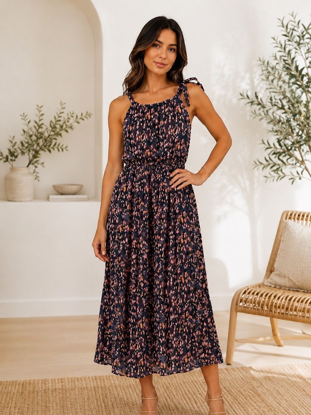 Gilli Stitch Fix Navy Floral Tie-Shoulder Midi Dress