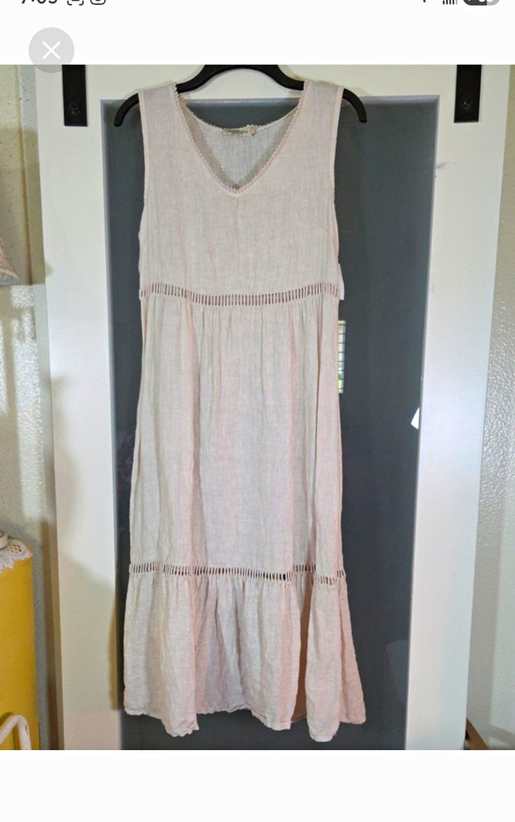 Valentina Naldi Women’s Cream Linen Lace V-Neck A-Line Midi Pullover Dress S