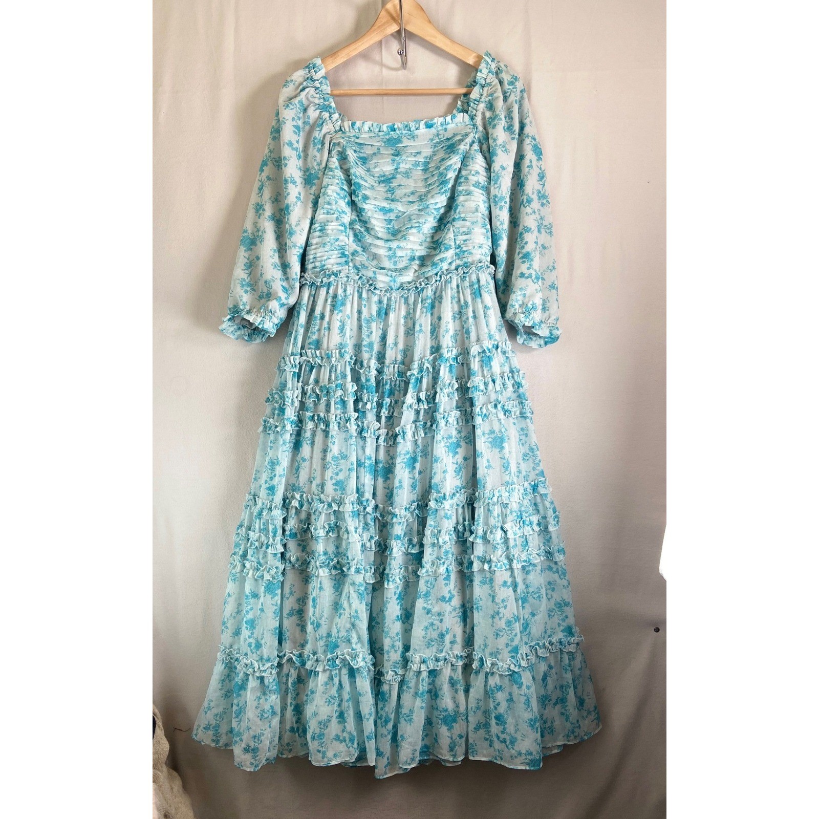 Ivy City Co Blue Floral Tiered Midi Dress Square Neck Puff Sleeve Womens Large
