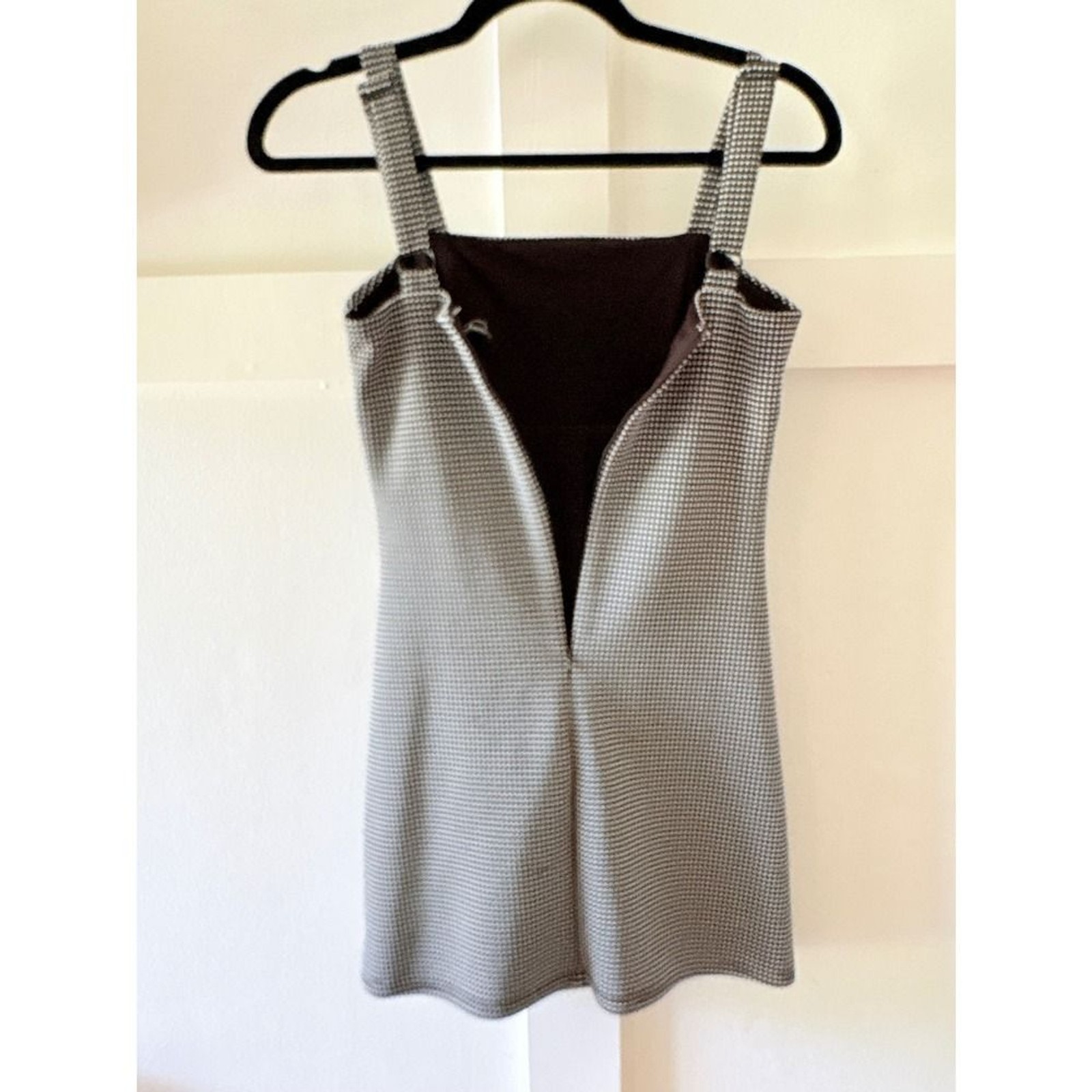 Black White Micro Check Square Neck Mini Dress Sleeveless Adjustable Straps