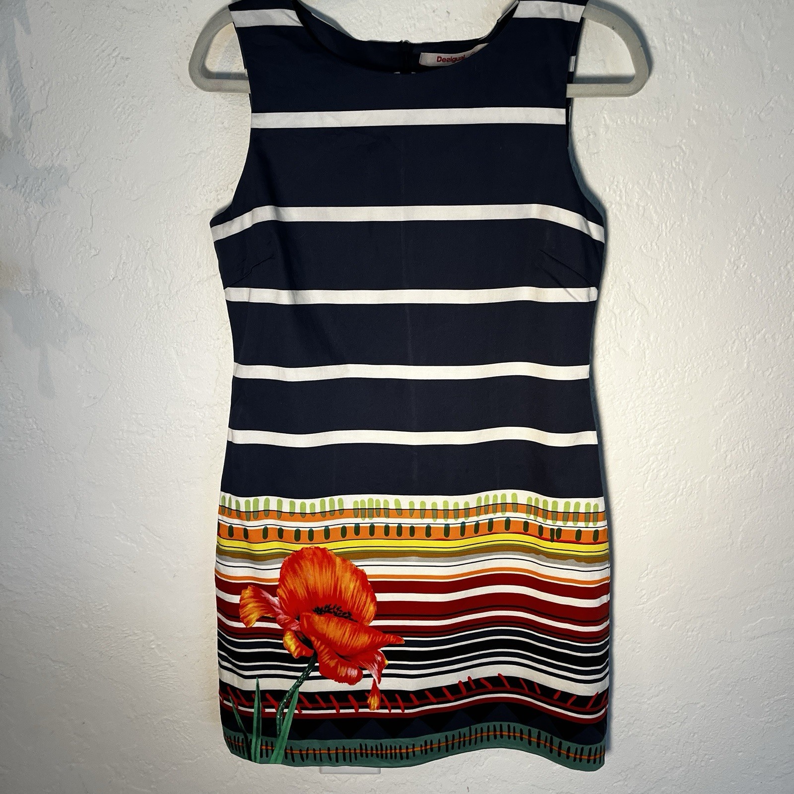 DESIGUAL Spain Womens Sleeveless Sheath Dress IT 38 XS Navy Blue Floral Stripe