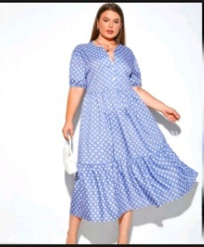 Shein Size S Blue Polka Dot Midi Flowy Short Sleeve Dress Cotton Blend