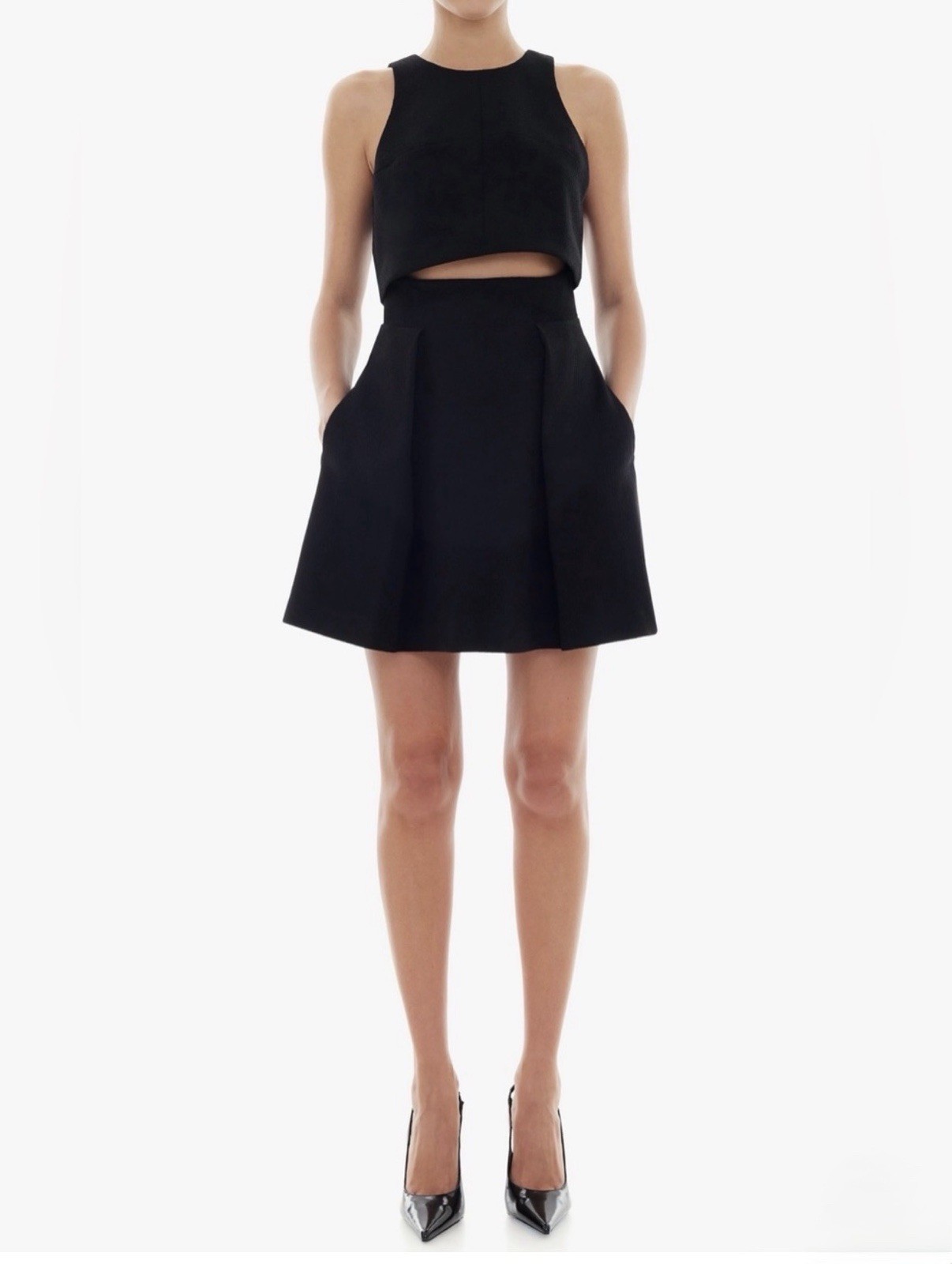 Black Halo Sanibel Black Crepe Mini Dress Set Crew Neck Sleeveless Pockets 2