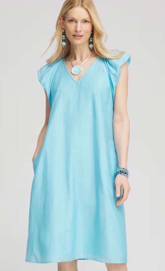 NWT (Chico’s Sz 1) Medium 8/10 ~ Cotton Silk Paradiso Blue Popover A-Line Dress
