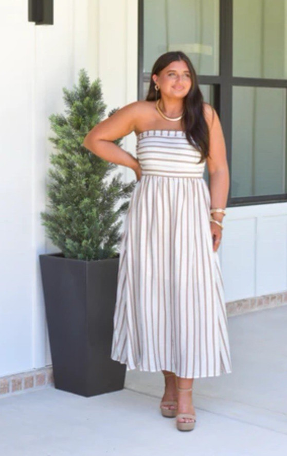 Brown Ivory Stripe Linen Blend Strapless Midi Dress Smocked Back A Line NWT