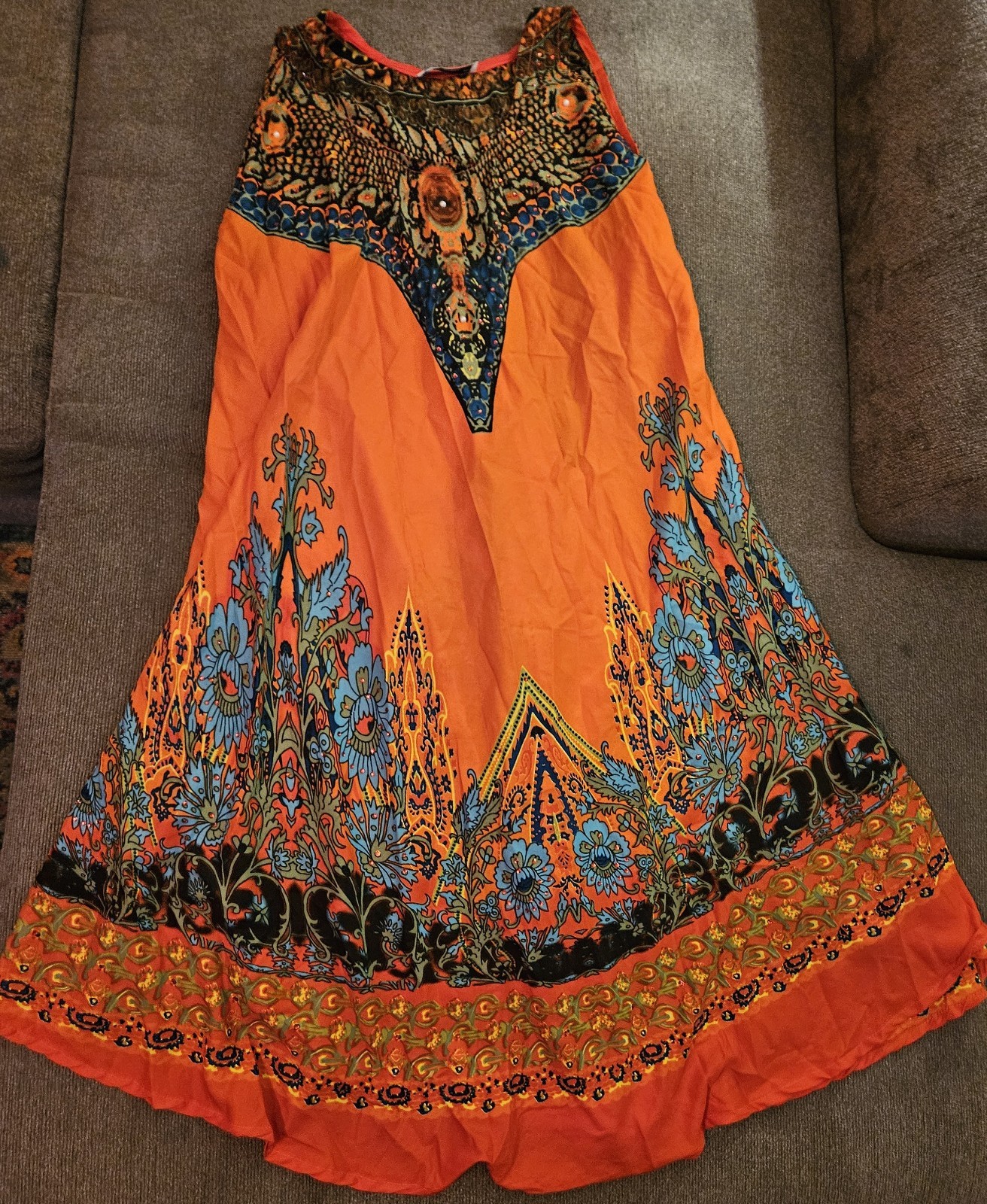 NEW Lapogee XL Boho Peasant Mini Dress Orange Floral Paisley India Festival RARE