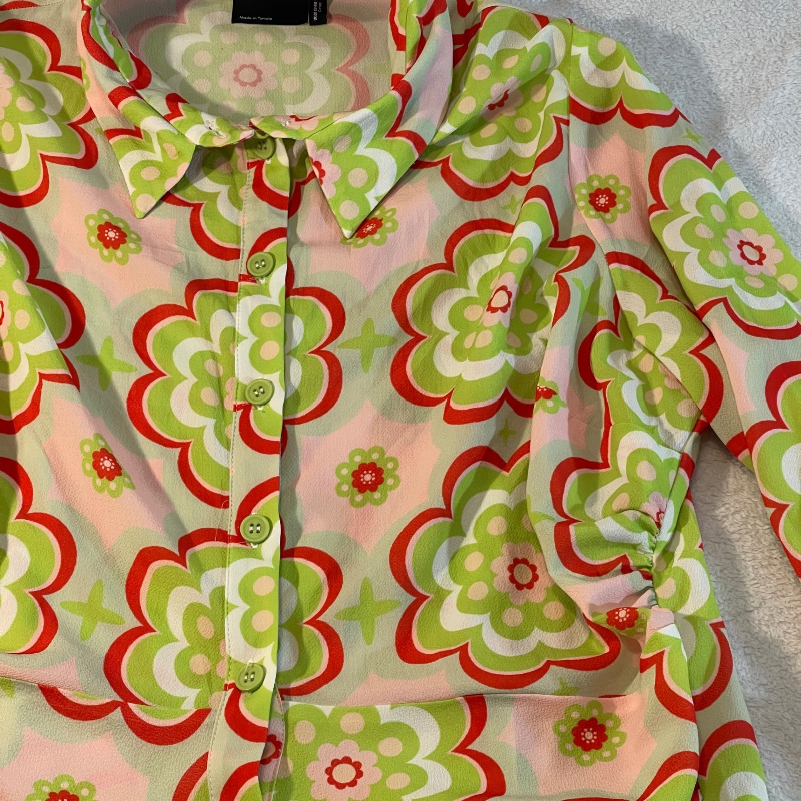 ASOS Design Curve Retro Floral Mini Shirt Dress Green Pink 70s Mod Flare Cuff 16