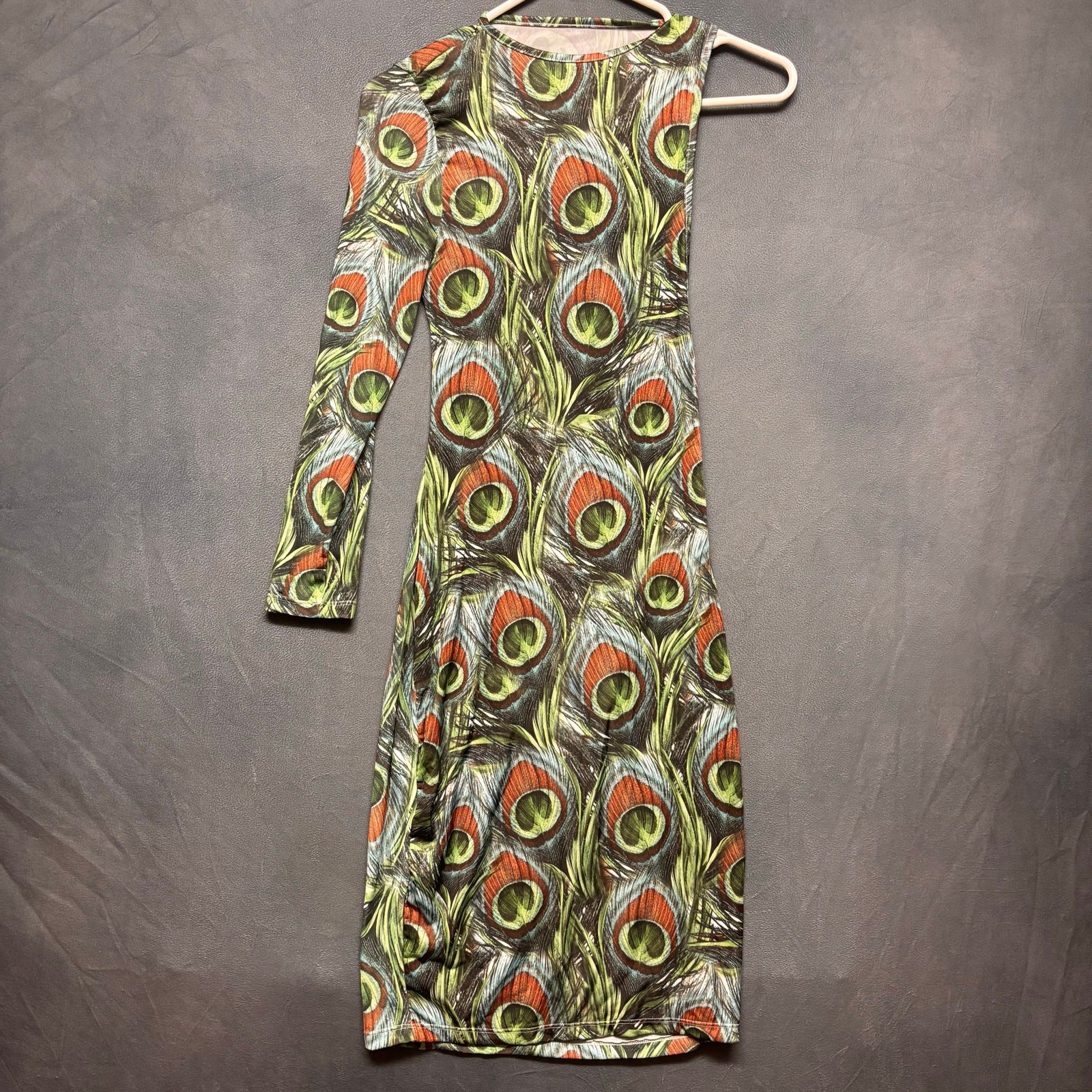 Y2K Dress Single Sleeve Peacock Feathers Open Back XS Fitted Bodycon Midi Fairy