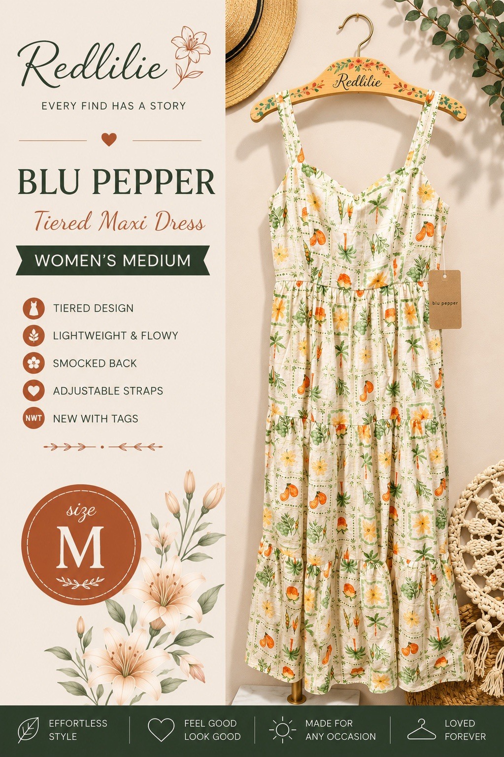 Blu Pepper NWT Women’s Veggie Print Tiered Maxi Dress Size M Garden Party