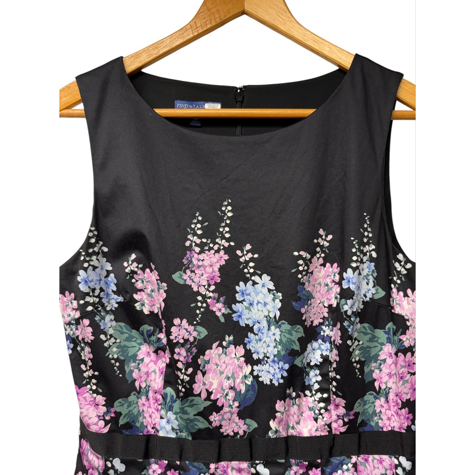 RSVP by Talbots 12 Petite Floral Sateen Fit & Flare Dress Black Pastel Hydrangea