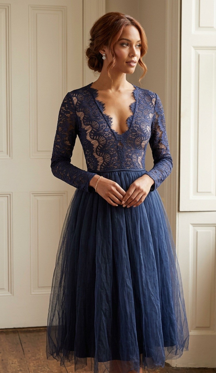 Rare London Navy Blue Lace Fit & Flare Long Sleeve V-Neck Dress US 8