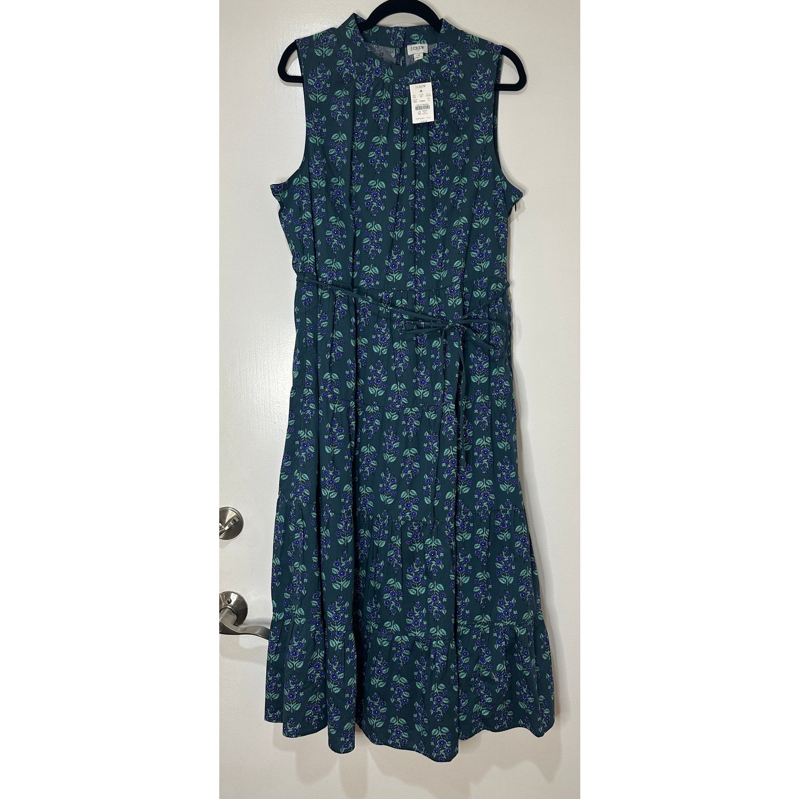 J. Crew Printed Mock Neck Tiered Midi Dress Warm Spruce Green Blue Size 16 NWT