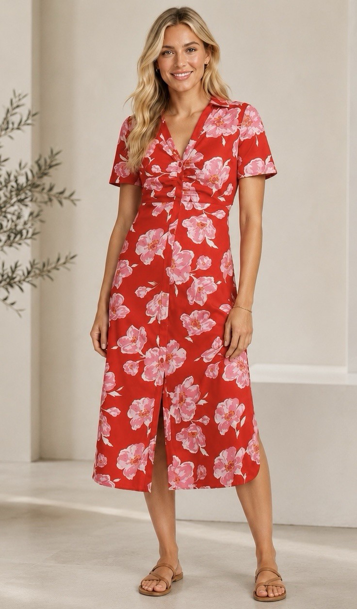 Womens Tropical Floral Cut Out Midi Shirt Dress Size XL Summer Resort Chic
