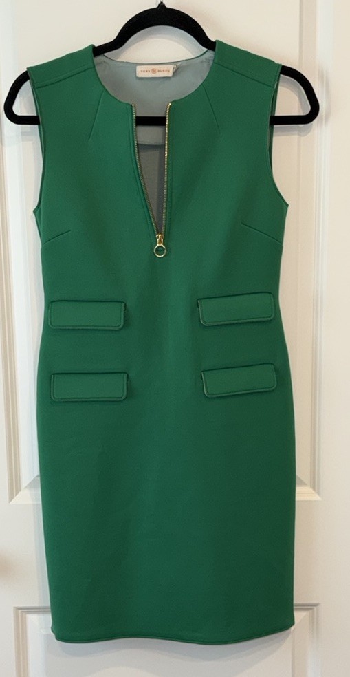 Tory Burch Kelly Green Neoprene Sleeveless Sheath Dress Size XS Knee Length Zip