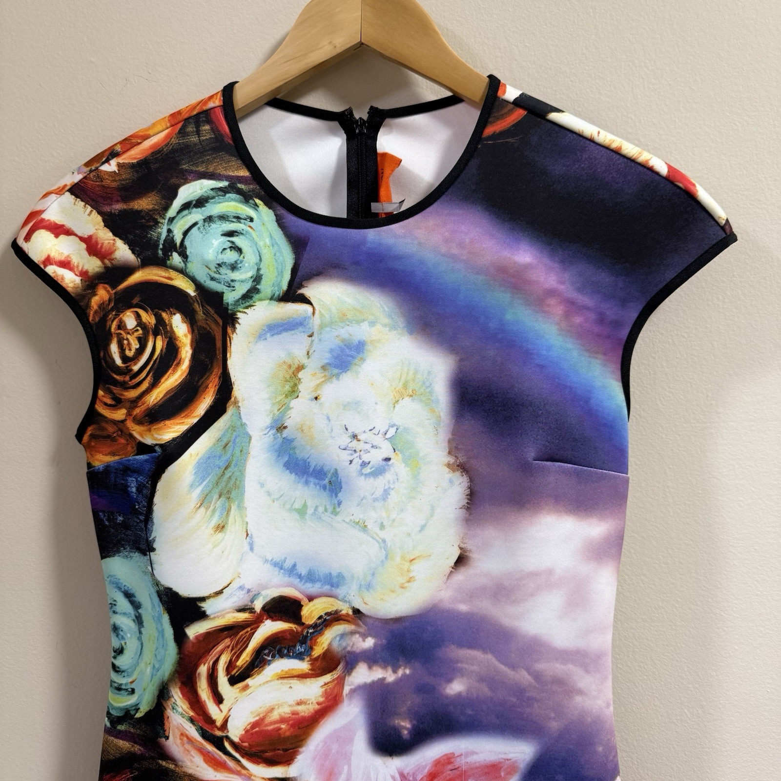 Clover Canyon Magical Sky Digital Print Cap Sleeve Pencil Dress Medium Neoprene