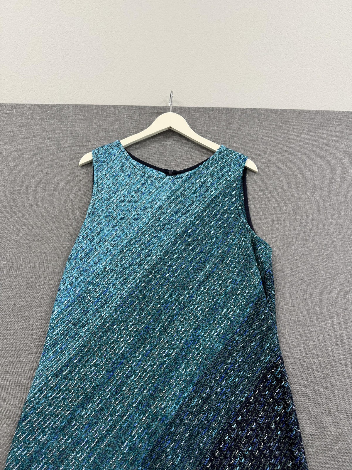 St. John Dress Womens 16 Blue Colorblock Teal Sheath Sleeveless Lined Tweed