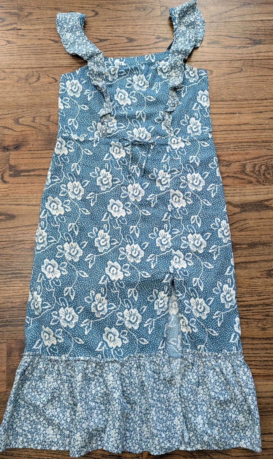 PAIGE Poppy Flutter Sleeve Blue Floral Midi Dress Ruffle Tie Waist Coastal Sz S