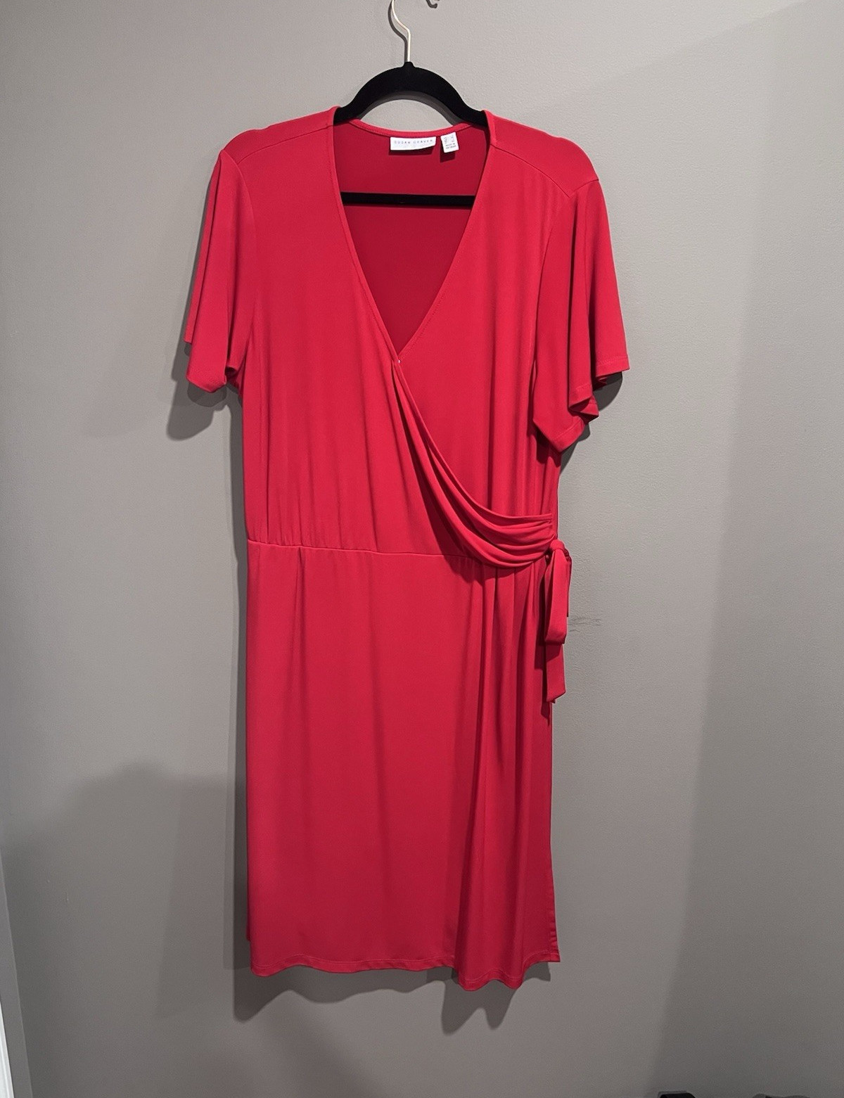 Susan Graver Red Wrap Dress Short Sleeve V-Neck Tie Stretch Pullover XL