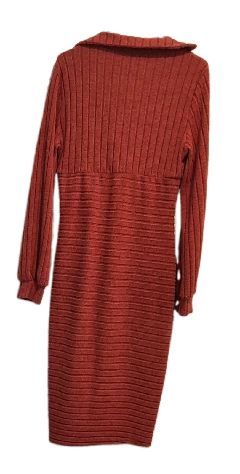 Women’s Orange Solid Ribbed Knit V-Neck Long Sleeve Stretch Midi Sweater Dress