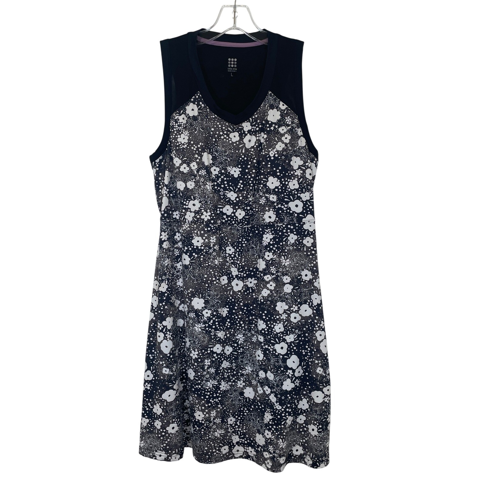 Title Nine Dress Black White Floral Mesh Tennis Shift Activewear Travel Pocket L
