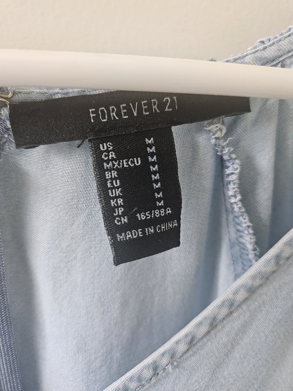 FOREVER 21 Denim Mini Dress Blue Solid V-Neck 3/4 Puff Sleeve Smocked Zip M