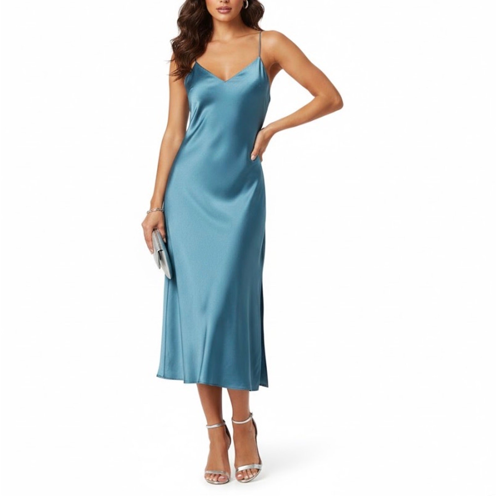 Ralph Lauren Blue Cocktail Dress Satin Strappy Back Midi Slip Shift Size 16