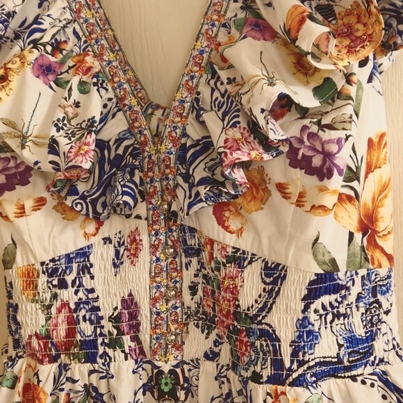 CAMILLA “Dutch Is Life” Tiered Frill Cotton V-Neck Open Back Maxi Dress, L $899