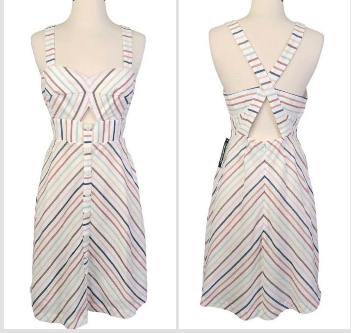ModCloth Sweetheart Striped Linen Cut-Out Strappy A-Line Dress Knee 10