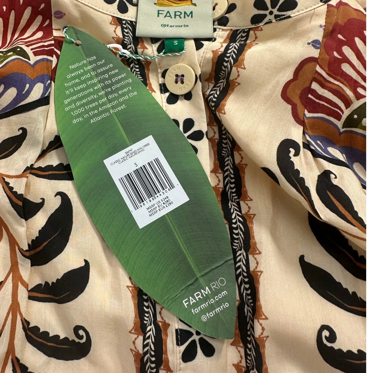 NWT Farm Rio Women’s Classic Nature Sand Mini Dress Long Sleeve Sand Size Small