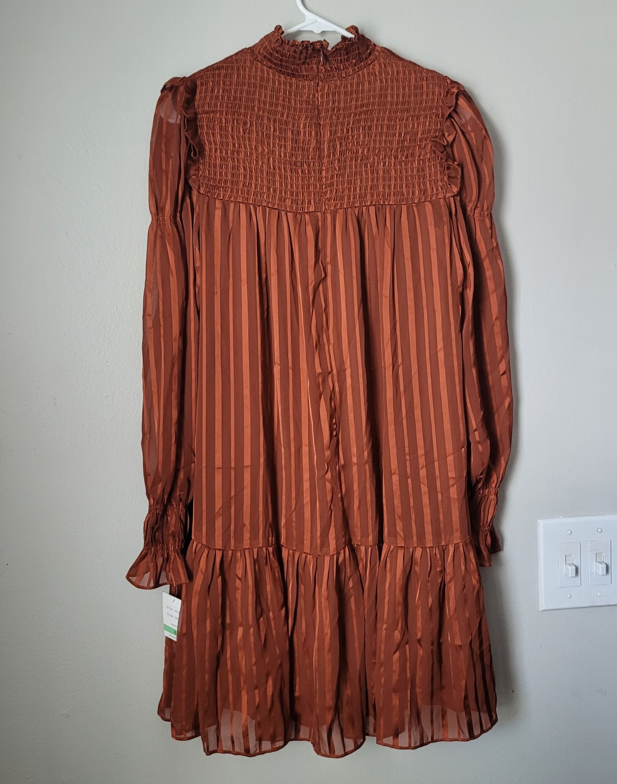 Taylor Brown Striped Chiffon Smocked High Neck Long Sleeve Knee Dress 8 Goddesss