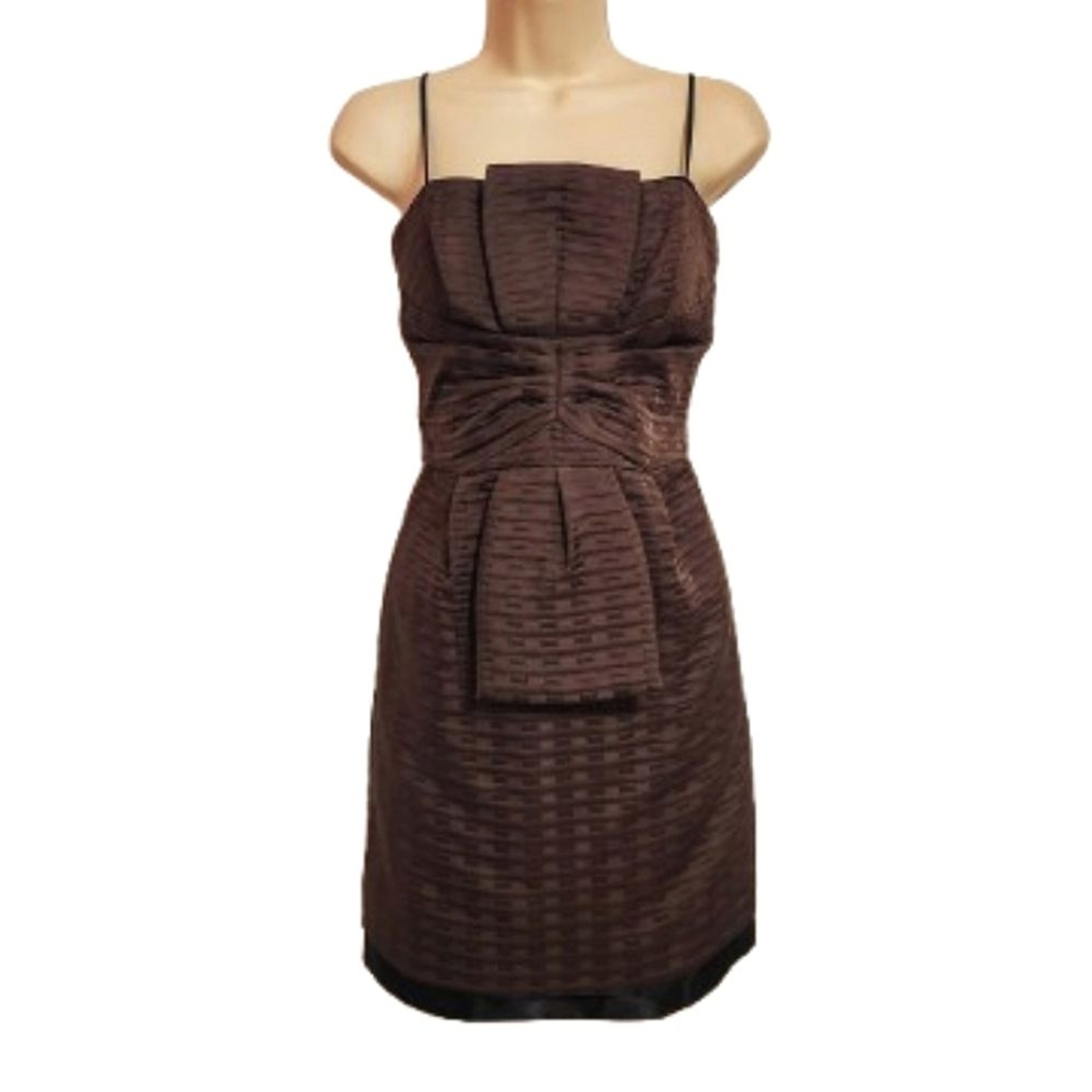 Max And Cleo Textured Pleated Shirred Spaghetti Strap Cocktail Dress Brown 4