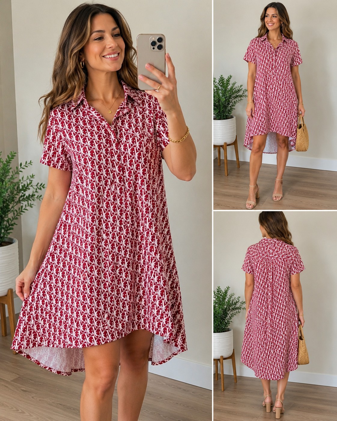 Designed Women’s Red White Oblique Monogram Shirt Dress Tunic XL Cotton Blend