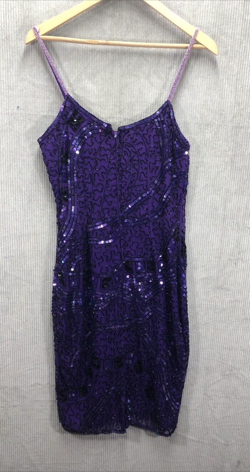 Vintage SWEELO Slip Dress Size Unknown Purple Sequin 100% Silk Spaghetti Strap