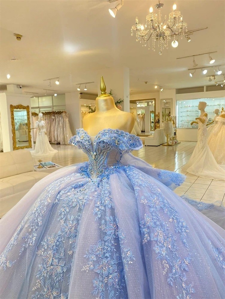 Light Blue Off Shoulder Beaded Quinceanera Ball Gown Sweet 16 Formal Dresses